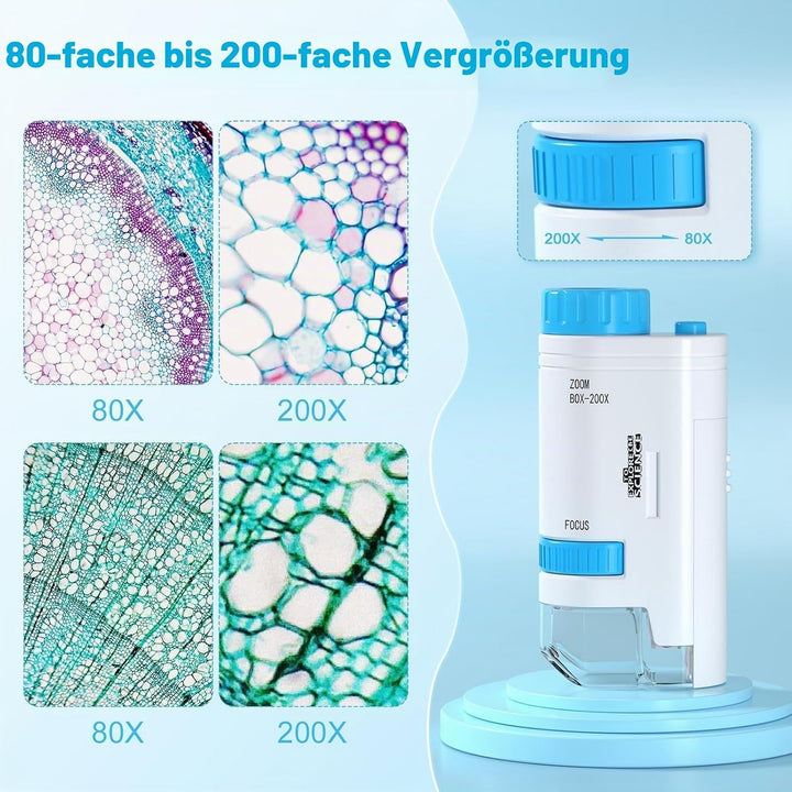 80x-200x Taschenmikroskop Kinder, LED Mikroskop für Kinder mit 12 Objektträgern LED-Licht Microscope