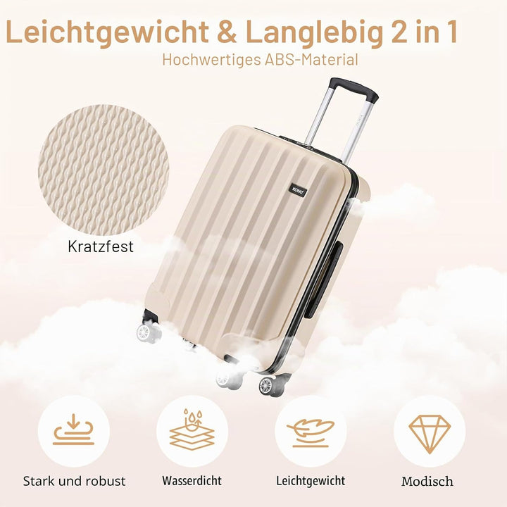 KONO Koffer Trolley Mittelgross Hartschale ABS Reisekoffer Rollkoffer Suitcase (Beige, L) Beige L, B