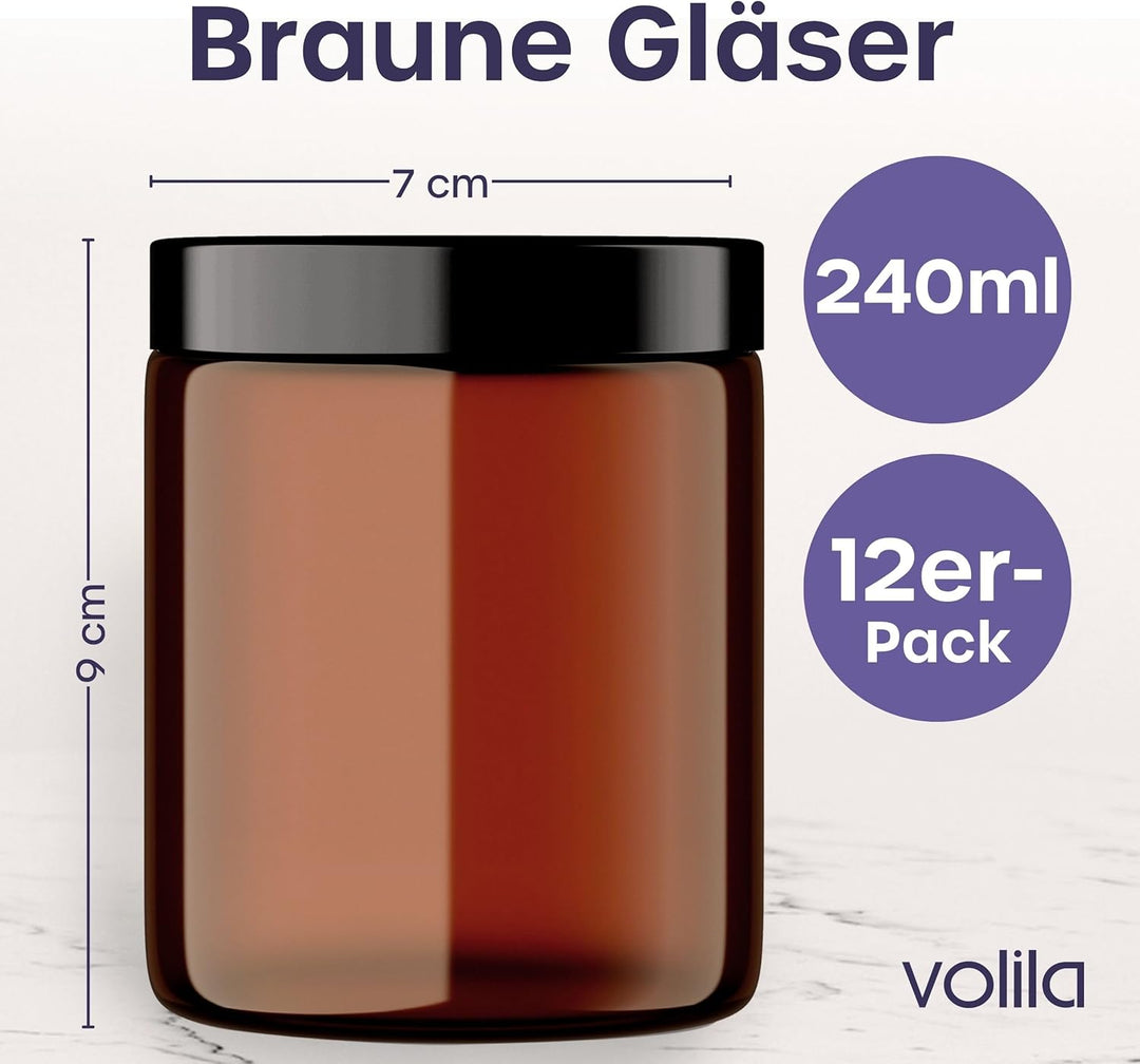 volila Braunglas Salbentiegel Gläschen mit Deckel (240ml x 12 Stück) - Glastiegel Creme Dosen zum Be