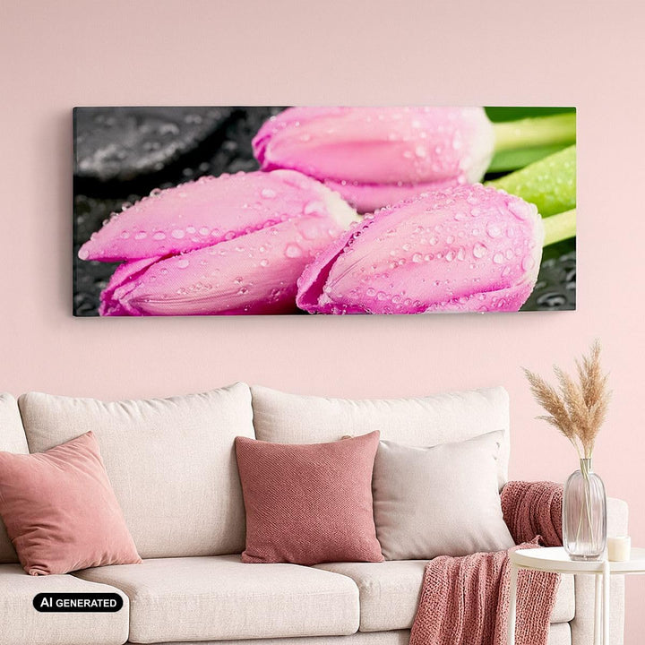 Wandbilder Dekoration Wohnzimmer Tulpen Tau Steine Pflanze Panorama Bilder auf Leinwand 120x50cm Lei