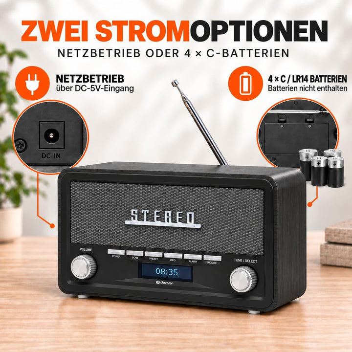 Denver DAB Radio DAB18, Radio mit Bluetooth, Retro Radio aus Holz, FM Radio, DAB, DAB+, AUX, Batteri