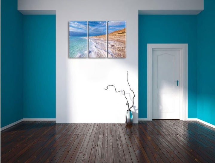 Pixxprint Das Tote Meer bei Tag Bunstift Effekt 3-Teiler Leinwandbild 120x80 Bild auf Leinwand