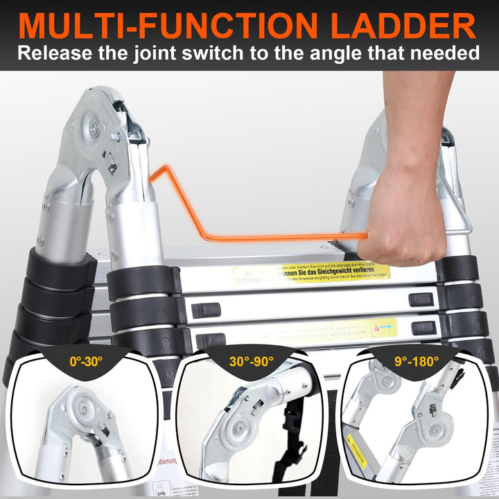 Fiqops 3,8M (1.9+1.9) Teleskopleiter Klappleiter Alu Multifunktionsleiter, Mehrzweckleiter Tragbar A