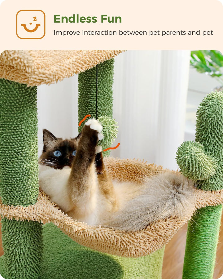 PAWZ Road Kaktus Katzenbaum für Indoor-Katzen mit Hängematte, Katzenturm mit Kratzbaum, grosser ober
