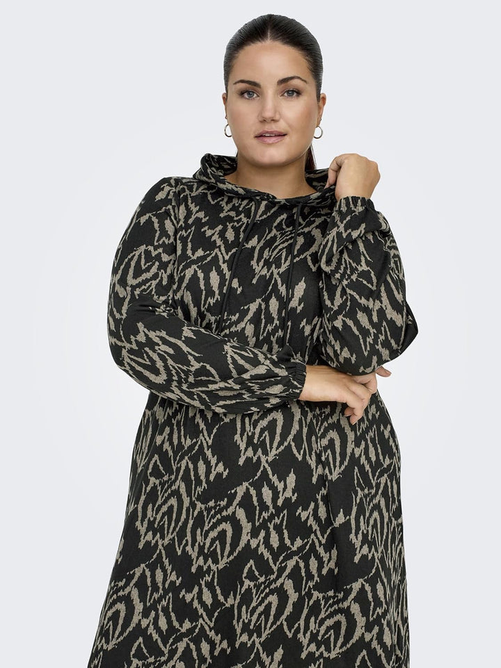 ONLY Carmakoma Damen Caralba Ls Hood Knee Dress JRS Kleid XL Grosse Grössen Black/Aop:graphic Humus,