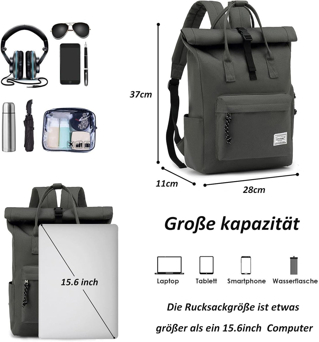 TANTOMI Laptop Rucksack, Rucksack Laptop Tasche 15,6 Zoll, Rucksack Damen und Herren weit öffenbar,