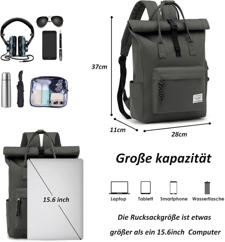 TANTOMI Laptop Rucksack, Rucksack Laptop Tasche 15,6 Zoll, Rucksack Damen und Herren weit öffenbar,