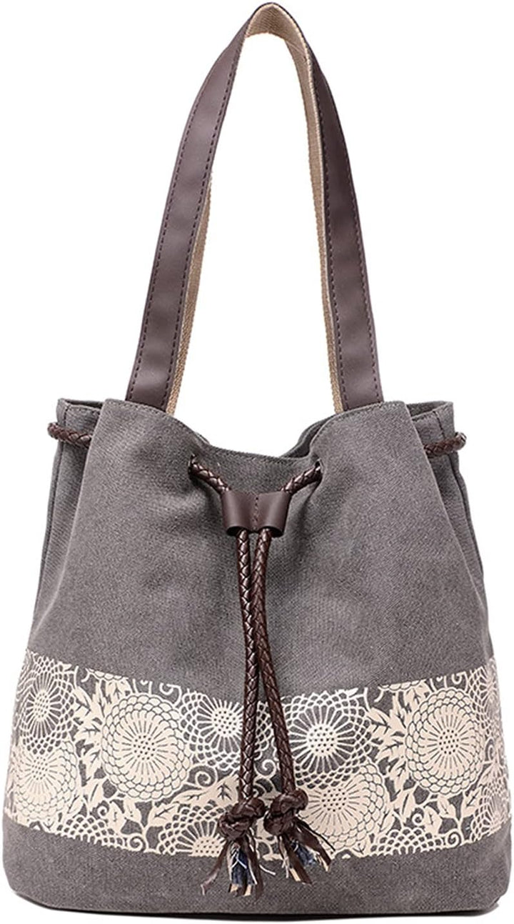 PORRASSO Damen Schultertasche Canvas Tote Umhängentasche Retro Kordelzug Beuteltasche Frauen Shopper