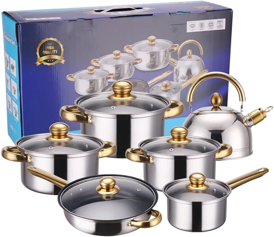 URFEDA Topf und Pfannenset, Edelstahl Kochtopfset 6-teilig Topfset mit Deckel und Griff, Kochgeschir