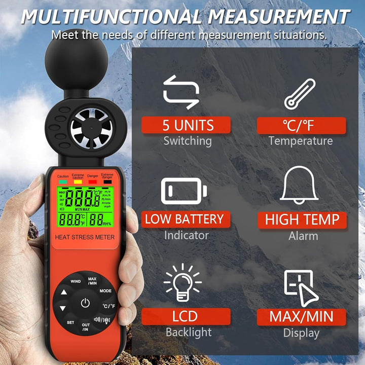 Windmesser Windmessgerät WBGT 881W Heat Stress Meter mit Feuchtkugeltemperatur, Gefahrenpegelanzeige