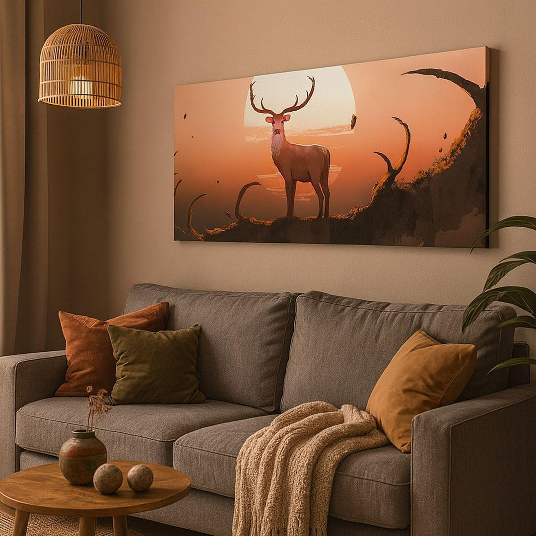 Panorama Bilder auf Leinwand 100x40cm Leinwandbild Hirsch Geweih Hörner Gross Wanddeko Bild Schlafzi