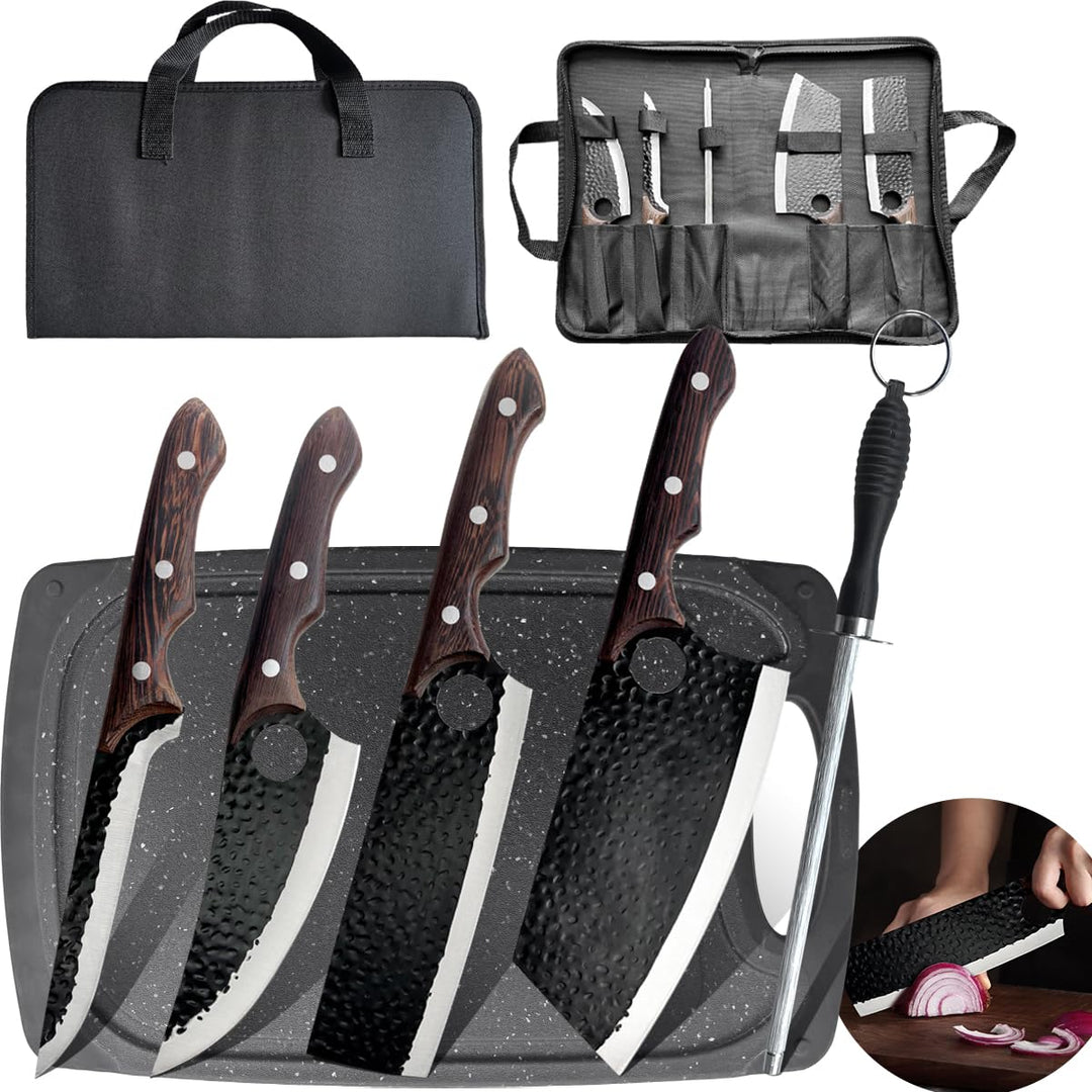 6PCS professionelles Metzger Messer Set mit Tasche, Schneidbrett, Schleiferstange Hand geschmiedet W