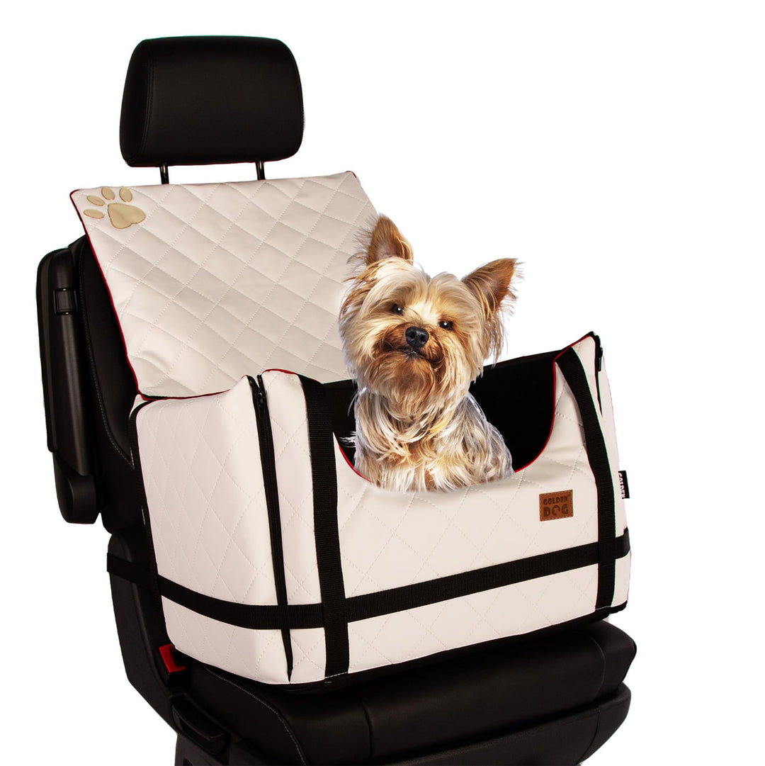 Golden Dog - Transportbox Hund mit Sicherheitsgurt S-45x35x33 cm - Leder Imitation Autositz Hund, Wa