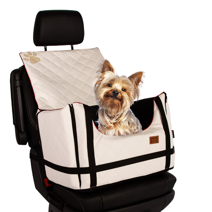 Golden Dog - Transportbox Hund mit Sicherheitsgurt S-45x35x33 cm - Leder Imitation Autositz Hund, Wa