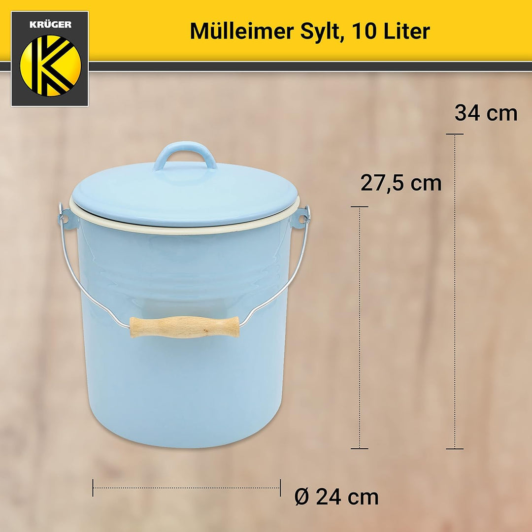 Krüger Mülleimer mit Deckel - Stahl Abfalleimer mit Emaille-Beschichtung und Holzgriff - Schnitt- un