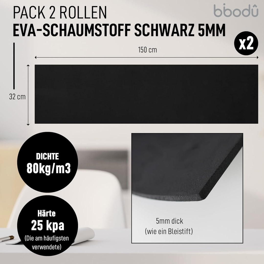 BIBODU Pack mit 2 Rollen Eva Foam 5mm Schwarz Farbe | Moosgummi 5mm Dicke | Grösse 150cm x 32cm, Dic