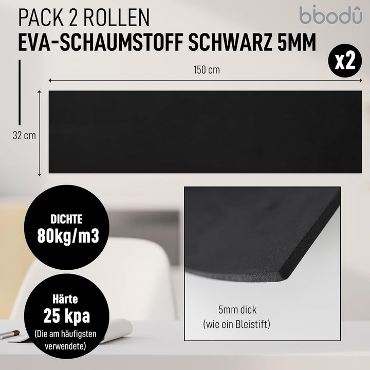 BIBODU Pack mit 2 Rollen Eva Foam 5mm Schwarz Farbe | Moosgummi 5mm Dicke | Grösse 150cm x 32cm, Dic