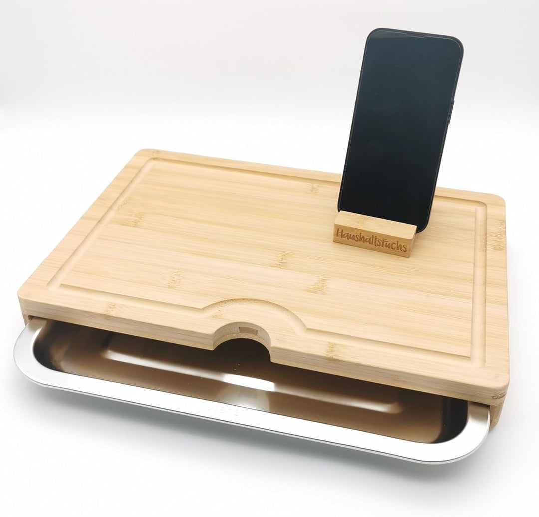 Premium 100% FSC® Bambus Schneidebrett mit Auffangschale, Handyhalterung & Saftrille - Küchenbrett H