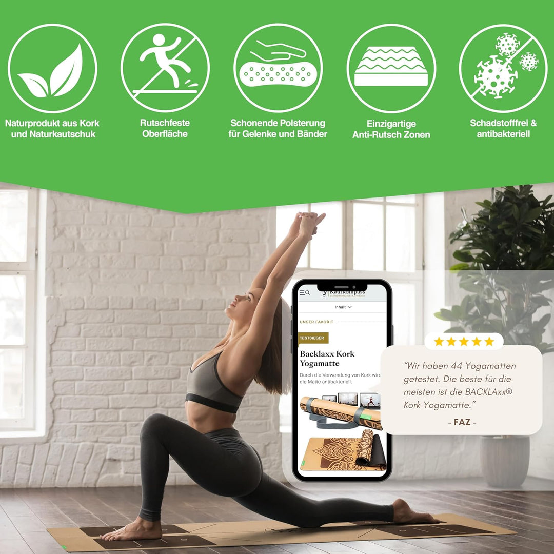 BACKLAXX® Yogamatte Kork mit Naturkautschuk | FAZ Testsieger 04/2026 | Yoga Matte Kork nachhaltig |