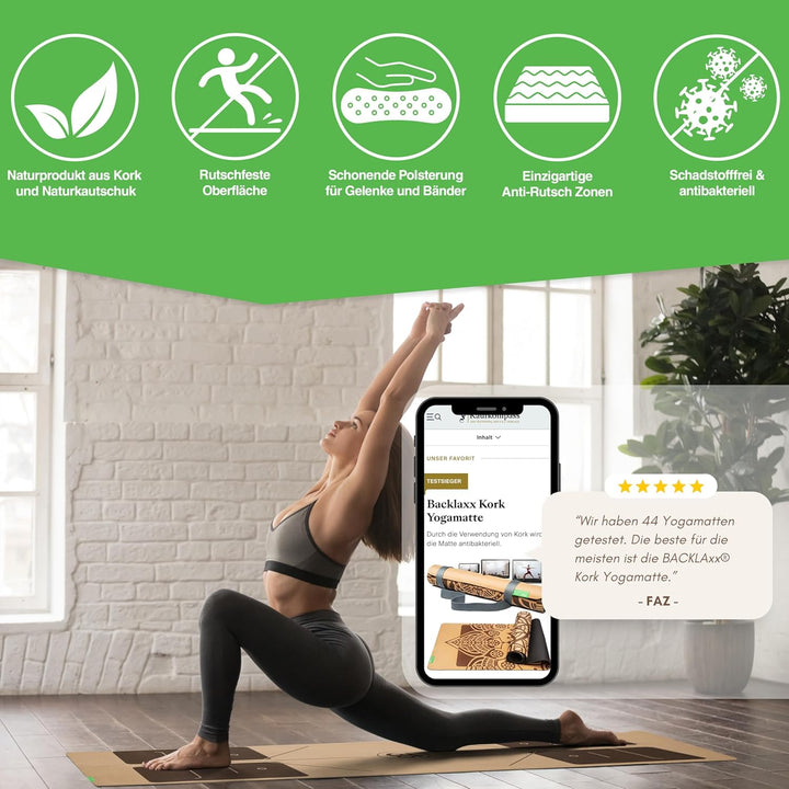 BACKLAXX® Yogamatte Kork mit Naturkautschuk | FAZ Testsieger 04/2026 | Yoga Matte Kork nachhaltig |
