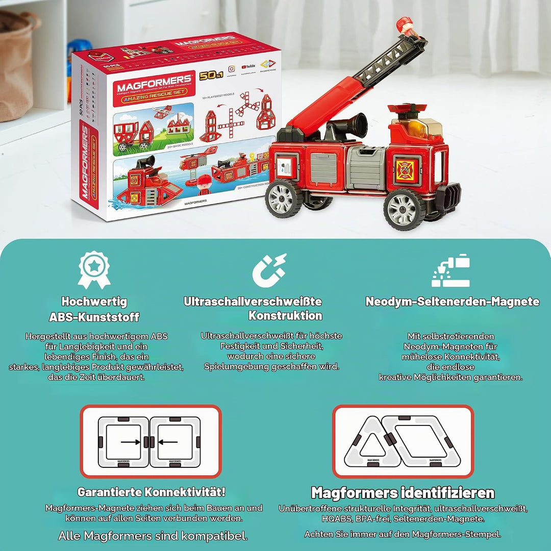 Magformers Fire Engine And Rescue Vehicle Set. Firefighters Magnetic Building Blocks Toy. Makes Over