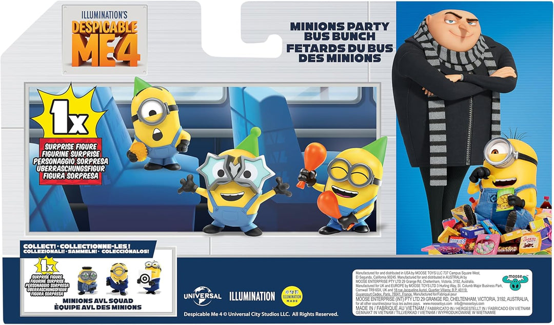 MINIONS Ich – Einfach unverbesserlich 4, Packung mit 4 Figuren Partybus-Truppe. 5,8 cm grosse Sammel
