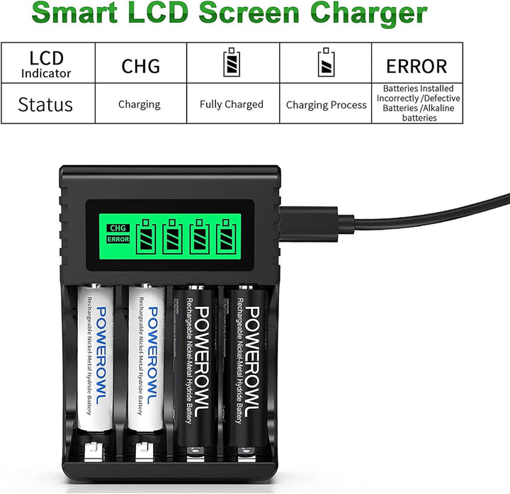 POWEROWL Akku Ladegerät mit 4 AA Akkus 2800mAh + 4 AAA Akkus 1000mAh - Akkuladegerät für NI-MH Wiede
