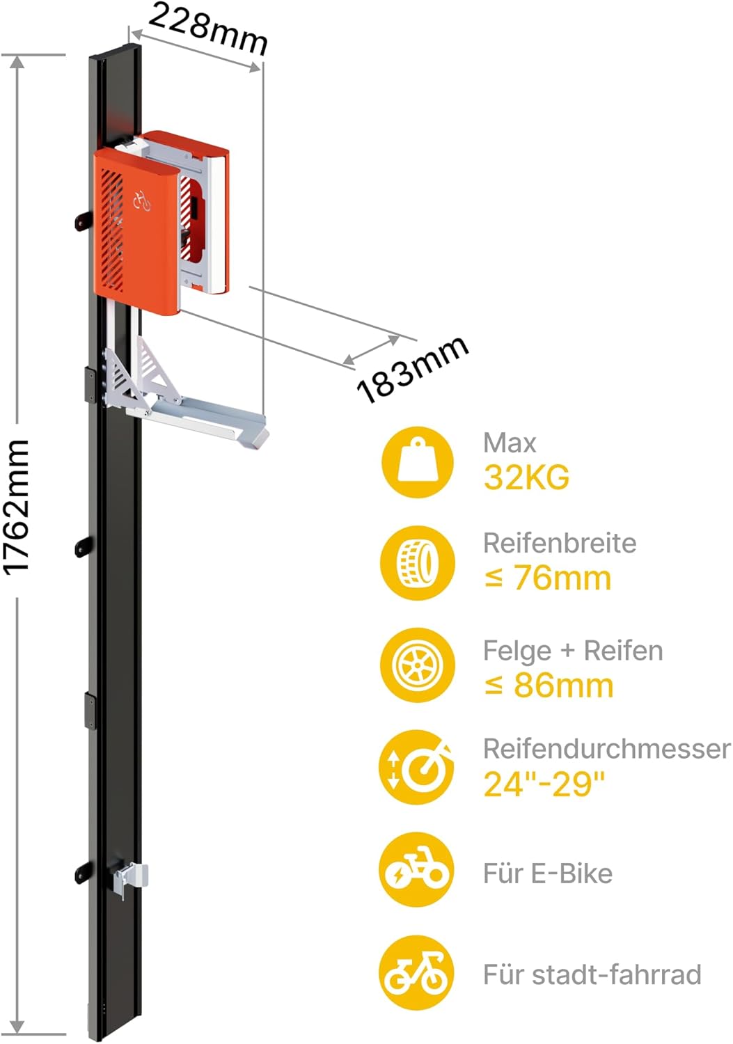 monTEK Automatischer Fahrradlift – Vertikaler Fahrradträger für schwere Fahrräder (bis 32 kg) – Einf