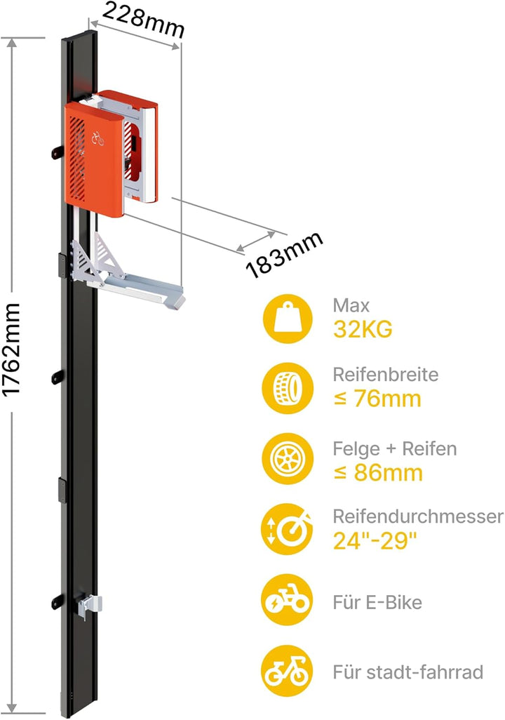monTEK Automatischer Fahrradlift – Vertikaler Fahrradträger für schwere Fahrräder (bis 32 kg) – Einf