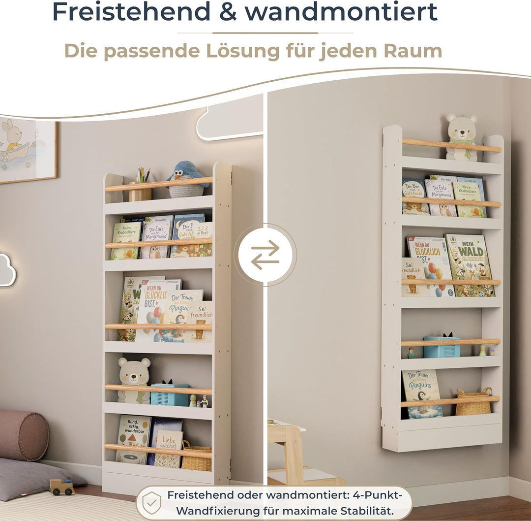 Bücherregal Kinder mit 5 Ablagen, Montessori Kinderbücherregal zur Wandmontage, Wandregal für Bücher