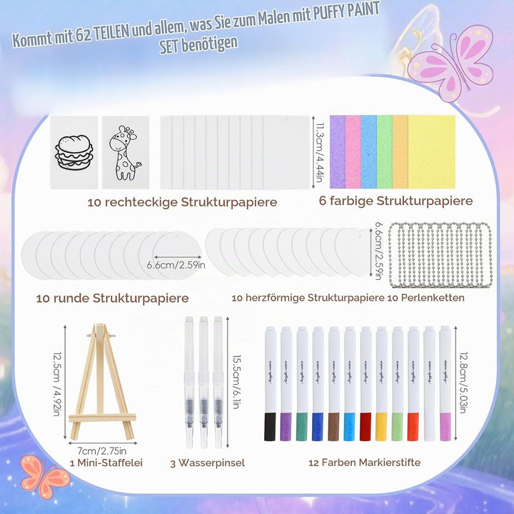 Jukibole Puffy Paint - 62 Stück Schaum Textur Malset für Kinder, 3D Schaumstoff Malset mit 36 Schwam