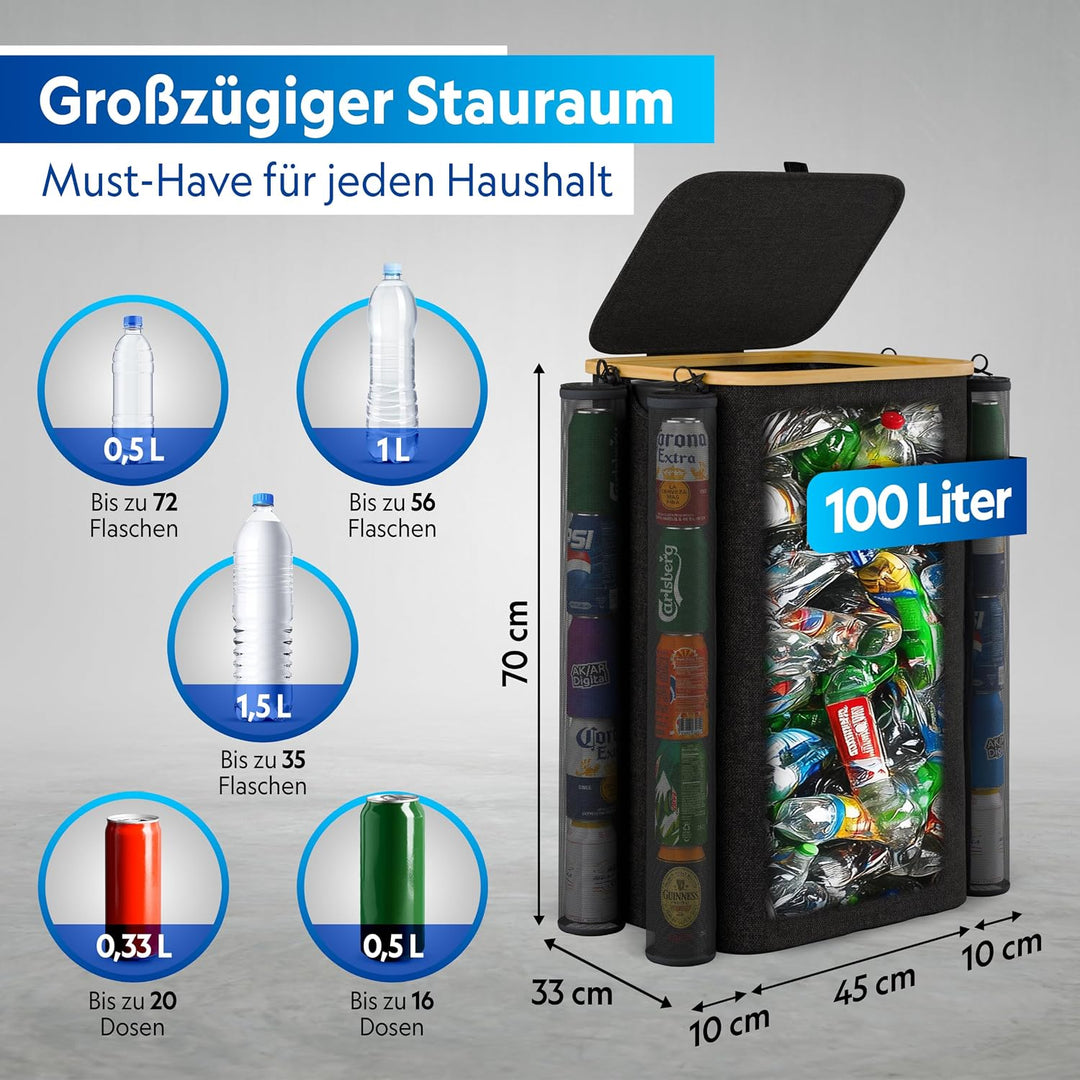 Pfandflaschen Sammelbehälter 100L, 4 Dosensammler &amp; 2 Tragetaschen | Leergut Sammler, Flaschensammle