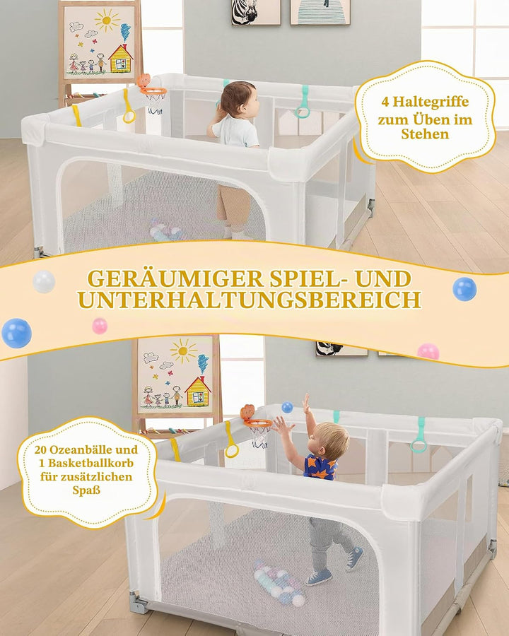 Grosser und Faltbarer Laufstall für Baby: 127 x 127 x 70 cm Playpen,für Drinnen und Draussen,mit 20