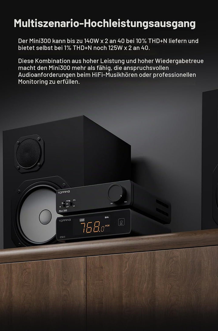 Topping Mini 300 Kompakter Desktop-Leistungsverstärker, 140 W x 2 TRS/RCA-Eingang, vollsymmetrischer