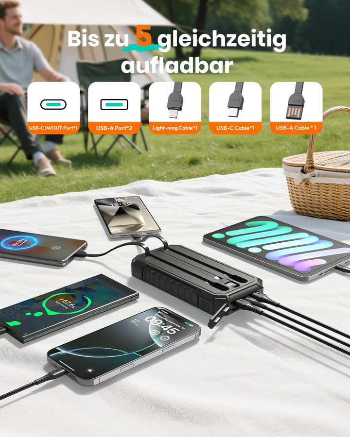 Solar Powerbank 20000mAh – 15 W Schnellladegerät, Tragbares Ladegerät, 3 integrierte Kabel mit LED-T
