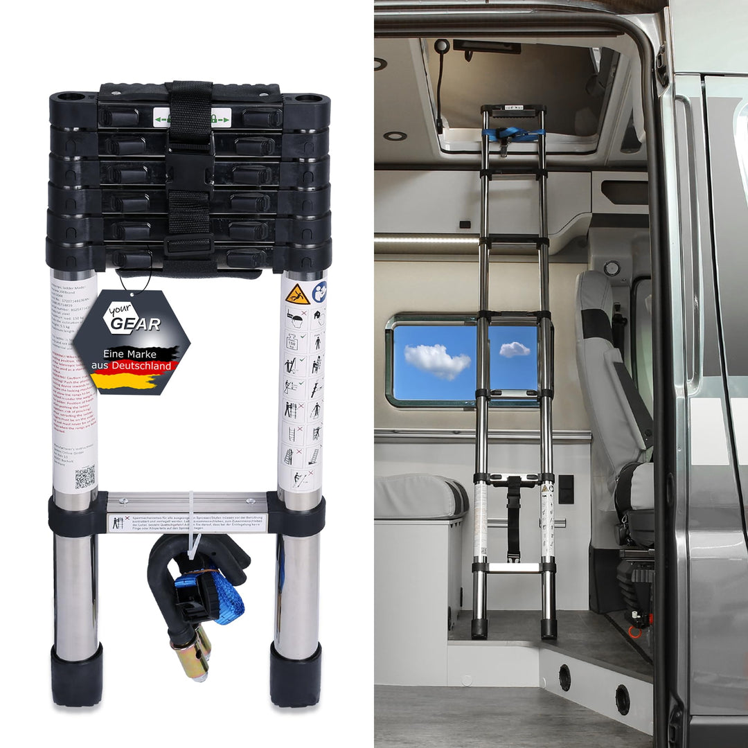 your GEAR Pescara - 2 m Teleskopleiter aus Stahl, max150 kg, schmale Leiter für Wohnmobil Camper und