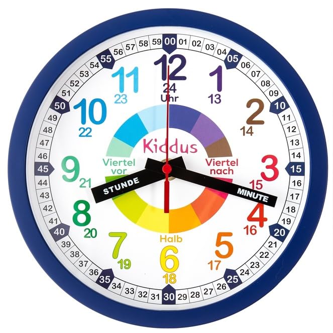 Kiddus Kinder Wanduhr, Jungen und Mädchen, Analoger Lernuhr mit Zeitlernübungen, Kinderwanduhr Ohne
