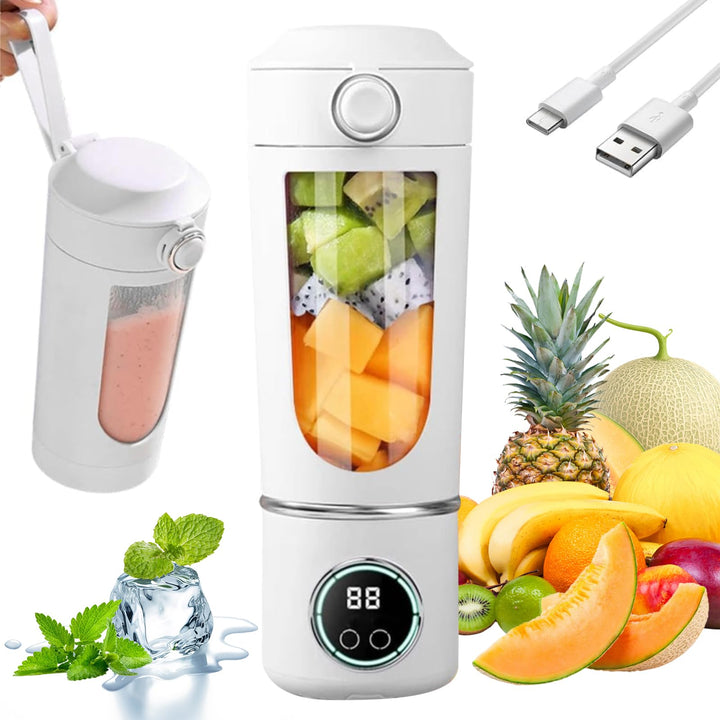 Kompakter USB-Reiseblender mit 700ml Fassung, 12 Edelstahlklingen und Digitalanzeige. Perfekt für Sm