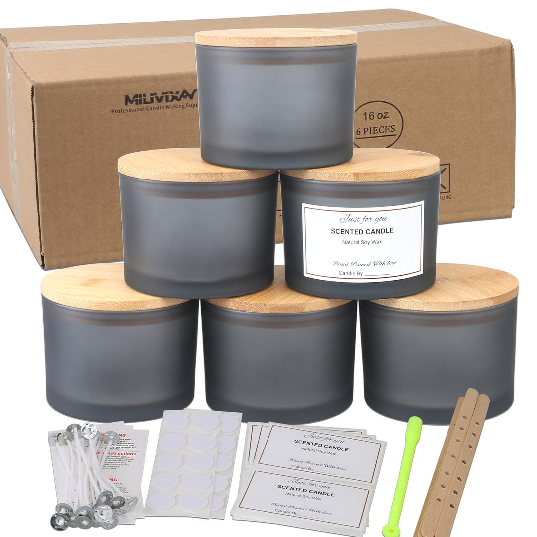 MILIVIXAY 6 x 473 ml Kerzengläser mit Bambusdeckel und Kerzenherstellungs-Kits – 3 Docht-Kerzengläse