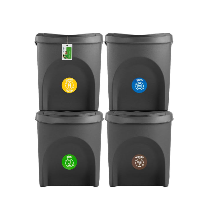 Mülleimer SET Mülltrennsystem 4x25L – Abfalleimer Set mit Deckel und farbigen Aufklebern Recycling B