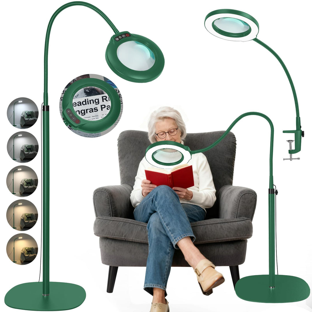 Veemagni 10X Echte Glaslinsen Schwanenhalslupen, Lupe mit Licht und Ständer Stehlampe, 5 Farbmodi St