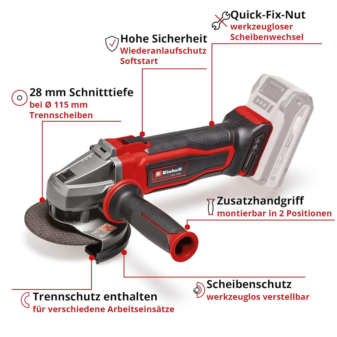 Einhell Akku-Winkelschleifer TE-AG 18/115 Q Li-Solo Power X-Change (18V, 115 mm Scheibendurchmesser,