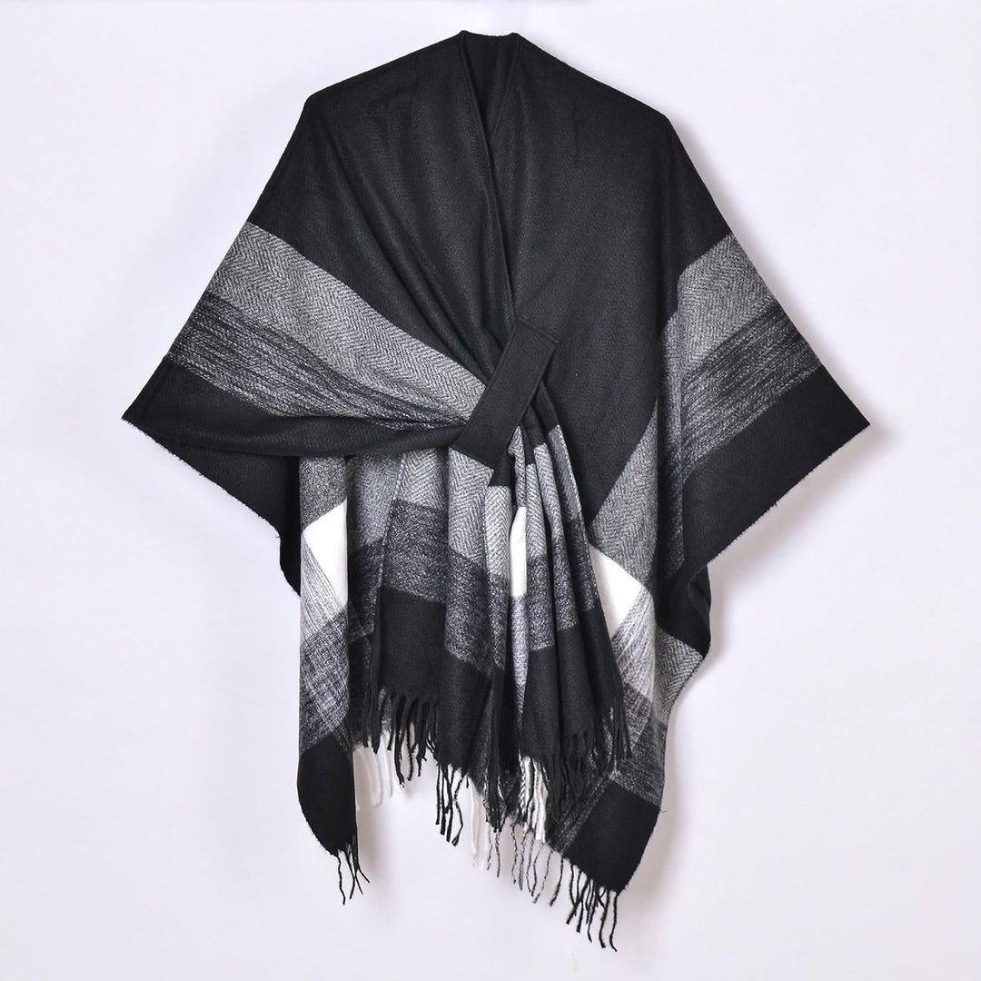 Wahuan Eleganter Bequemer Damen Poncho Pullover mit Chevronstreifen und Fransen Poncho Cape Retro Ca