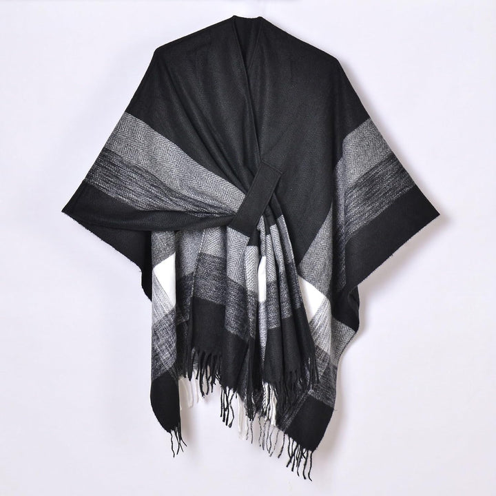 Wahuan Eleganter Bequemer Damen Poncho Pullover mit Chevronstreifen und Fransen Poncho Cape Retro Ca