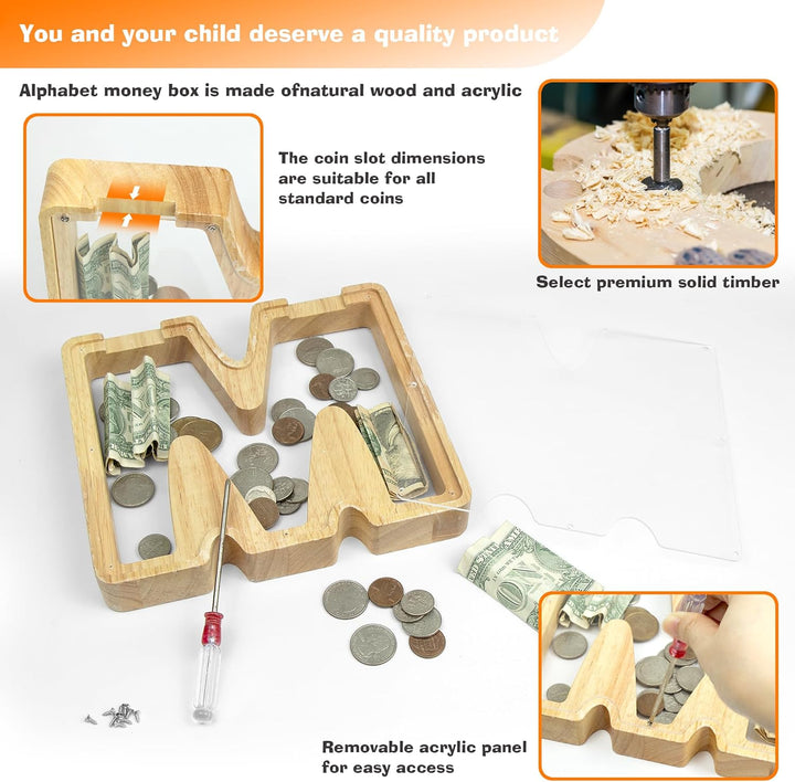 DBPBToU Spardose aus Holz Buchstaben, Sparschwein Durchsichtig für Kinder, Sparbox Personalisierte,