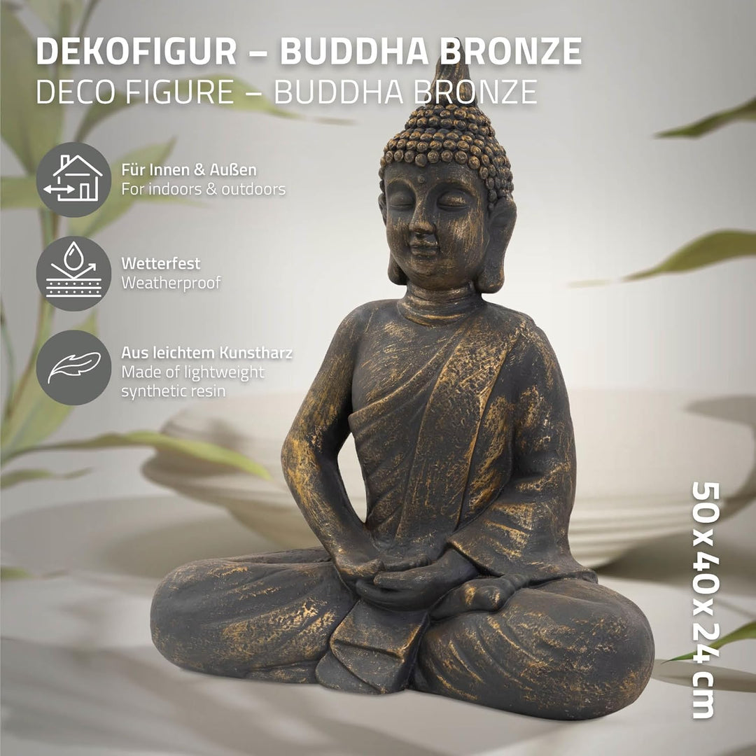 ECD Germany Buddha Figur sitzend, 48cm hoch, aus wetterfestem Polyresin, Bronze, Feng Shui, Buddha S