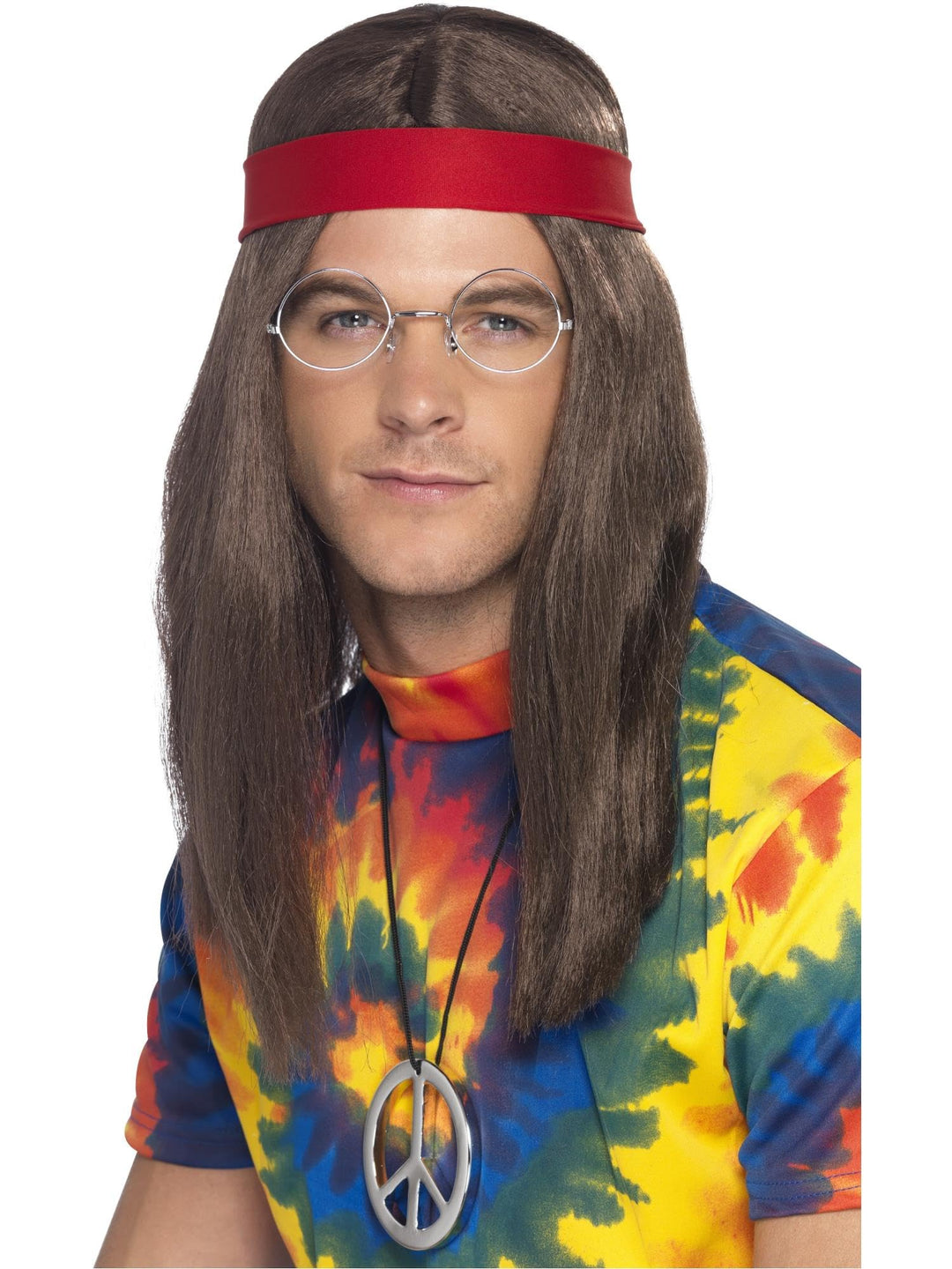 Hippie Set - Perücke, Brille, Peace Anhänger und Stirnband Einheitsgrösse Braun, Einheitsgrösse Brau