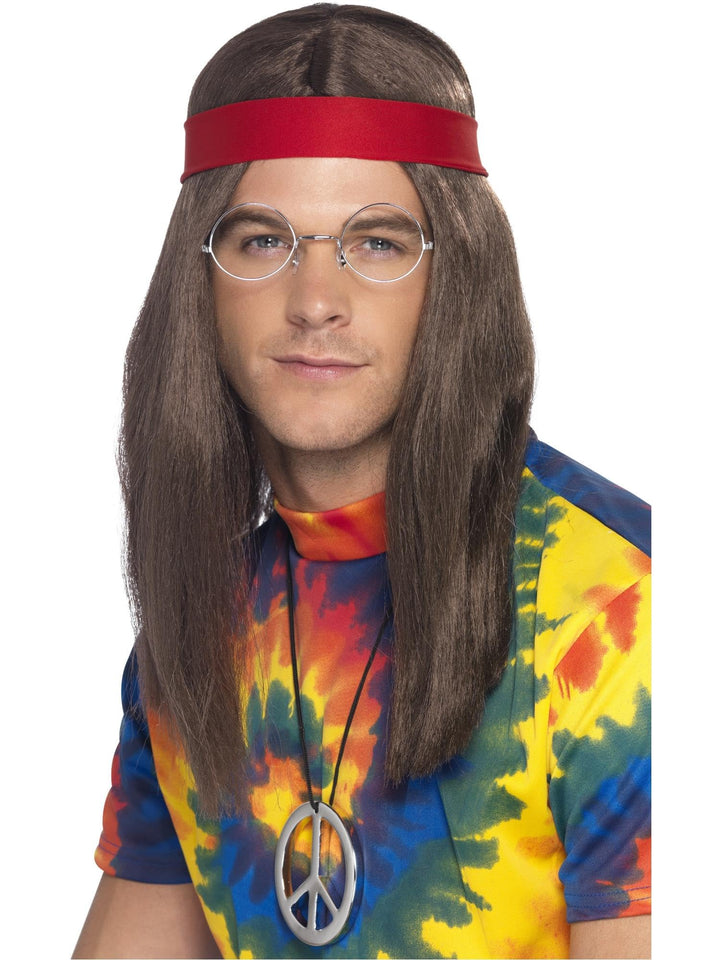 Hippie Set - Perücke, Brille, Peace Anhänger und Stirnband Einheitsgrösse Braun, Einheitsgrösse Brau