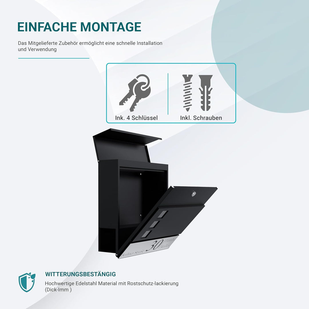 Bl4ckPrint Personalisierter Briefkasten mit Zeitungsfach Anthrazit Inkl. 4 Schlüssel - Postkasten pe