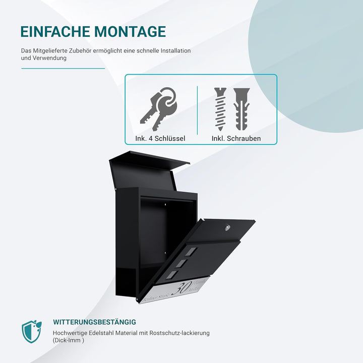 Bl4ckPrint Personalisierter Briefkasten mit Zeitungsfach Anthrazit Inkl. 4 Schlüssel - Postkasten pe